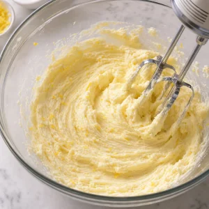 Creamed butter mixture with lemon zest in a mixing bowl