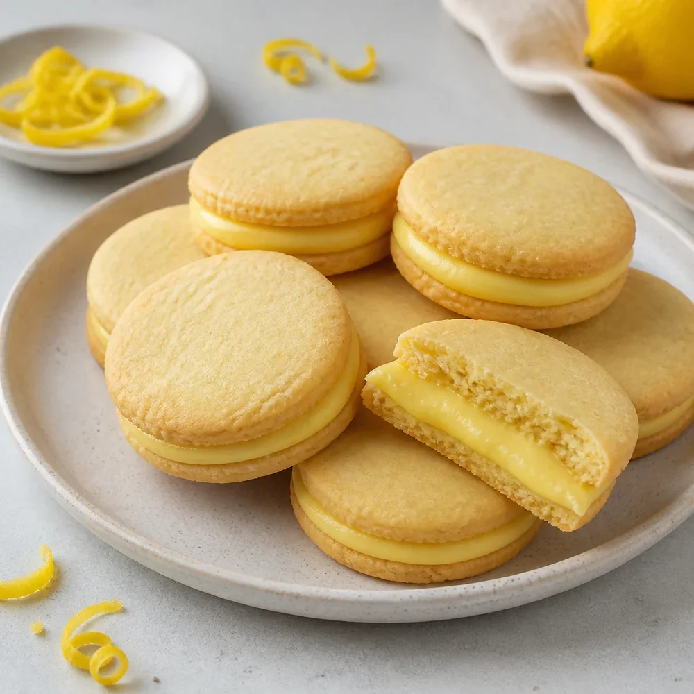 Finished lemon shortbread sandwich cookies with lemon cream on a plate
