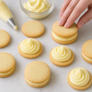 Lemon cream being piped onto shortbread cookies for assembly