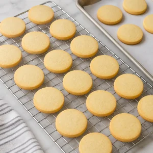 Plain shortbread cookies cooling on a wire rack