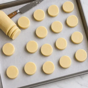 Sliced lemon shortbread dough rounds on a parchment-lined pan