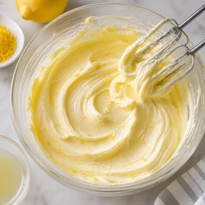 Smooth lemon cream filling in a mixing bowl