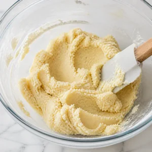 Soft shortbread dough forming in a mixing bowl