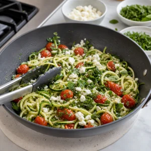 Feta e ervas frescas envolvidas nos fios de curgete