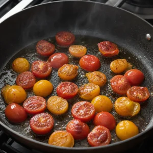 Tomate-cereja cortado ao meio a alourar na frigideira