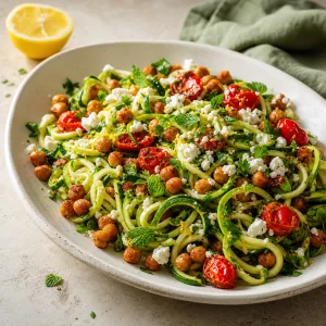 Fios de curgete com limão, grão crocante, tomate, feta e ervas