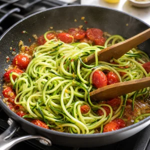 Fios de curgete salteados com tomate na frigideira