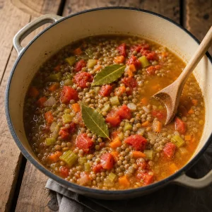 렌틸, 토마토, 월계수 잎과 육수가 끓기 시작함