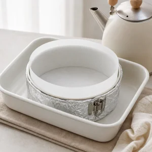 Foil-wrapped cake pan set inside a roasting pan