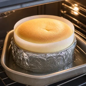 Japanese souffle cheesecake baking in a water bath