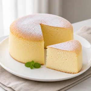 Powdered sugar dusted over sliced souffle cheesecake