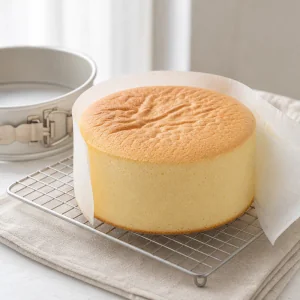 Tall souffle cheesecake cooling on a wire rack