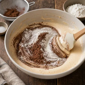 Farine au cacao incorporee au melange d oeufs aere