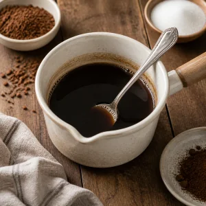 Sirop espresso sombre remue dans une petite tasse