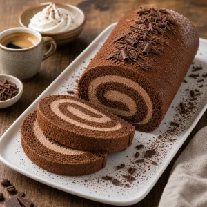Roule mocha tranche avec copeaux de chocolat