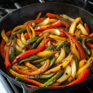 Pimentos e cebola tostados numa frigideira de ferro fundido