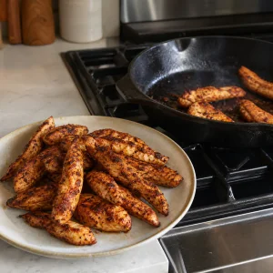 Tiras de frango douradas numa travessa junto à frigideira
