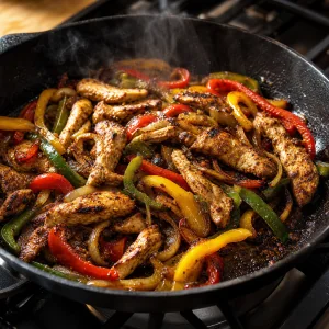 Frango dourado com pimentos e cebola tostados