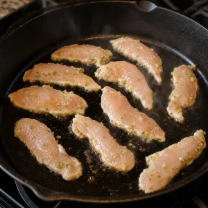 Tiras de frango a começar a dourar numa frigideira de ferro fundido