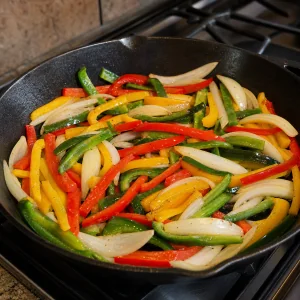 Pimentos frescos e cebola espalhados numa frigideira de ferro fundido