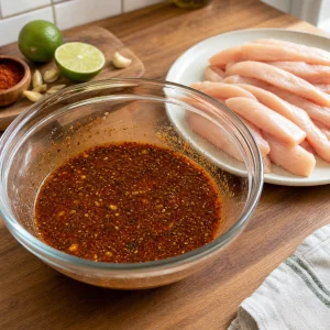 Marinada de lima e chile junto a tiras de frango cru
