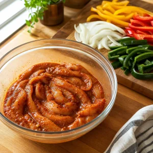 Tiras de frango marinadas junto a pimentos e cebola cortados