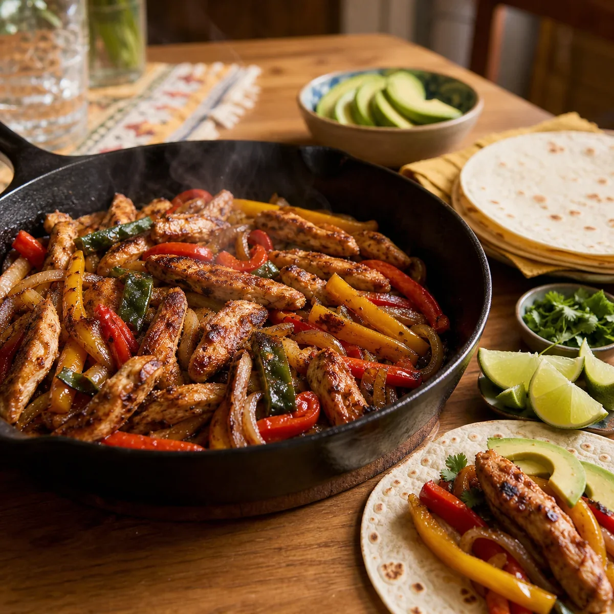 Fajitas de frango com pimentos, tortilhas, abacate, coentros e lima