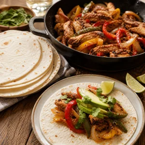 Tortilhas quentes com fajitas de frango, abacate, coentros e lima