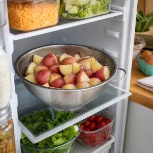 Drained cooked red potatoes chilling in the refrigerator