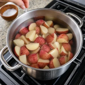 Red potato chunks covered with cold salted water in a large pot