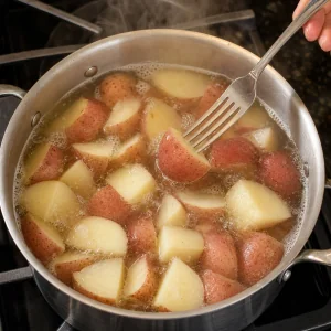 Red potato chunks simmering until fork-tender but still intact