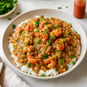 Crawfish etouffee over white rice with herbs