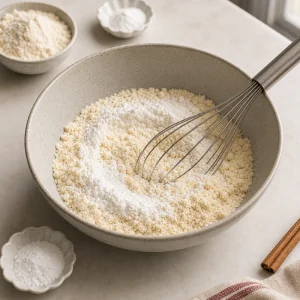 Almond flour mixture whisked in a bowl for keto cake batter.