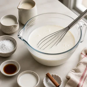 Creamy almond and coconut milk soak whisked in a glass bowl.