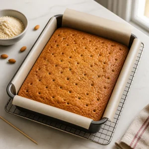 Golden baked keto cake poked with holes on a wire rack.