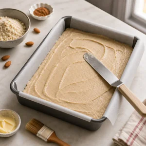 Keto cake batter smoothed in a parchment-lined baking pan.