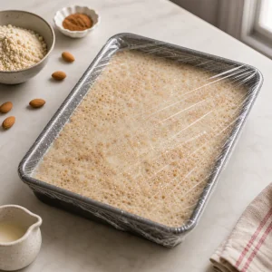 Soaked keto tres leches cake covered with clear plastic wrap.