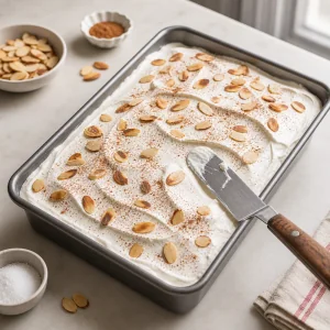 Whipped cream, toasted almonds, and cinnamon spread over chilled cake.