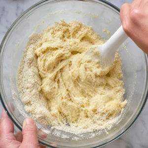 Almond flour and egg mixed into sticky low-carb dough