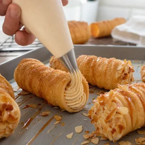 Caramel whipped cream piped into crisp kremrole shells