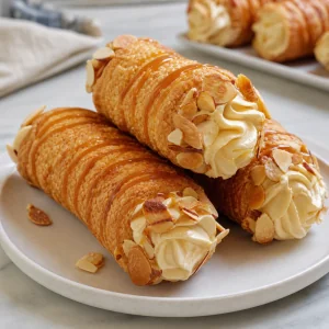 Finished low-carb kremrole with almonds and caramel drizzle