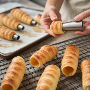 Golden baked kremrole shells cooling as cones slide out