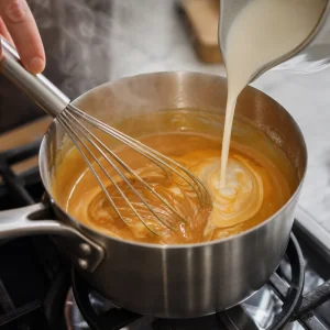 Light amber caramel whisked with cream in a saucepan