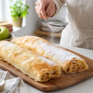 Baked apple strudel dusted lightly with powdered sugar on a serving board