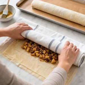 Filled phyllo rolled into a tight apple strudel log