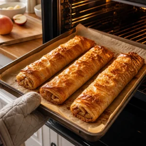 Golden baked apple strudels with crisp phyllo on a sheet pan