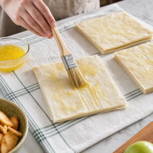 Layered phyllo sheets brushed with melted butter for apple strudel