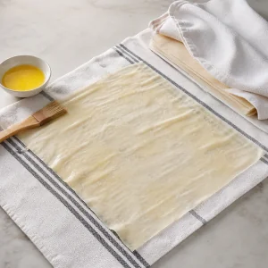 Phyllo sheet laid on a lightly buttered kitchen towel