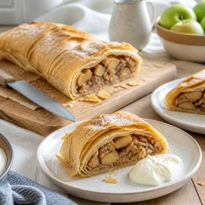 Sliced apple strudel served with a small dollop of Greek yogurt