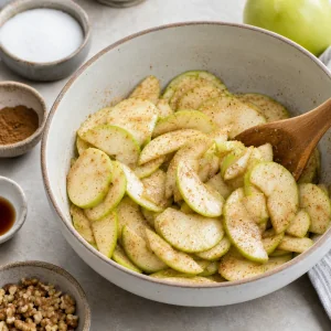 Sliced apples tossed with lemon, sweetener, cinnamon, nutmeg, and vanilla